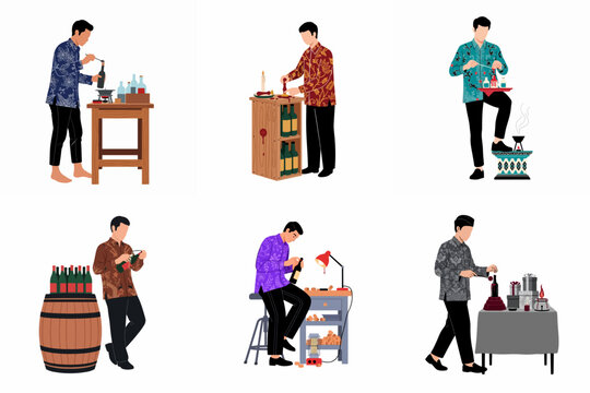 Collection of Illustrations Featuring Indonesian Men in Batik Shirts Performing Various Tasks in the Process of Wine Bottling and Wax Sealing