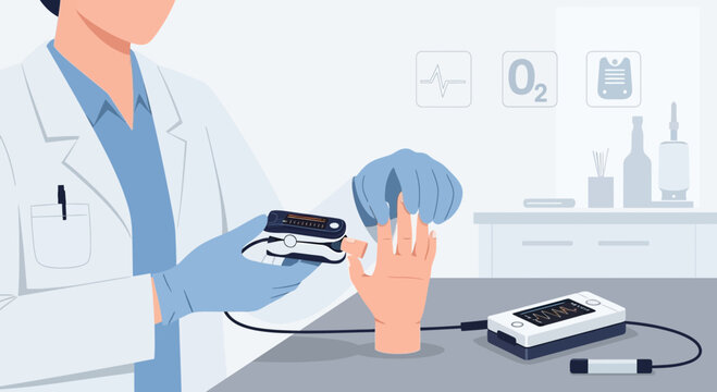 Doctor uses pulse oximeter to measure oxygen saturation and heart rate on patient's finger