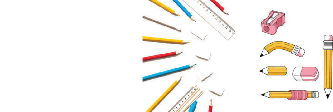 School stationery vector illustration with pencils, rulers and sharpener, creative composition of writing tools for education design, classroom supplies, back to school and office materials