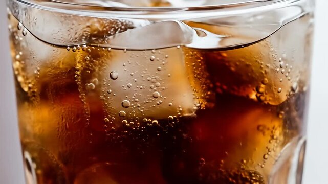 Refreshing drink in a glass with ice and bubbles, close-up shot