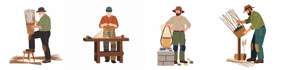 Naklejka premium Vector illustration set of men engaged in traditional basket weaving and grape harvesting activities on a white background.