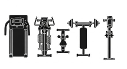 Fototapeta premium Collection of gym equipment silhouettes for fitness and exercise.