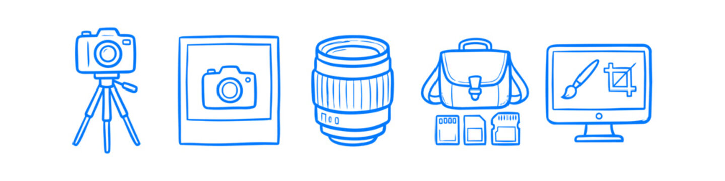 Blue hand-drawn photography icons showing a camera on a tripod, polaroid frame, lens, camera bag, memory cards, and photo editing software. Minimalist doodle art on white.