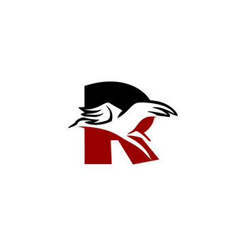 Modern monochrome vector logo featuring a flying crane merged and layered with an alphabet letter R background, ideal for branding, logo identity, and emblem design.