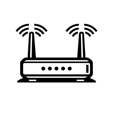Black and white illustration of a wireless internet router with two antennas on a plain background for tech and connectivity concepts
