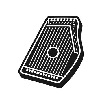 Black and white illustration of a musical instrument, a hammered dulcimer with a unique design and decorative elements, isolated on a plain background