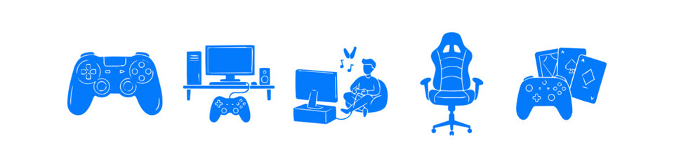Blue flat gaming illustrations set including gamepads, computer setup, a player in a beanbag, professional gaming chair, and playing cards. Perfect for e-sports and gaming industry designs. © Trends