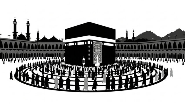 Illustration of Kaaba in Mecca with People Performing Tawaf