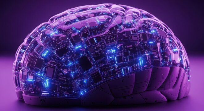 Futuristic human brain hologram with glowing neural network and cyber technology on dark background