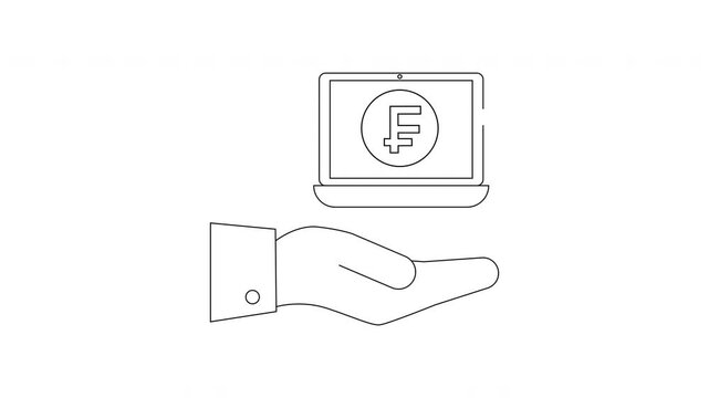 Hand holding laptop with Swiss Franc symbol on screen.