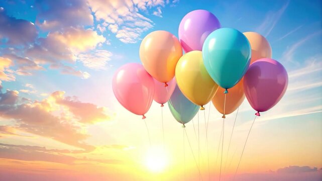 A bunch of vibrant balloons float amidst a cloudy sky