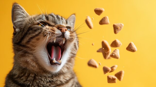 An energetic cat leaps towards the camera, eagerly catching flying cat treats, capturing an adorable and playful moment filled with joy and enthusiasm against a bright yellow backdrop.