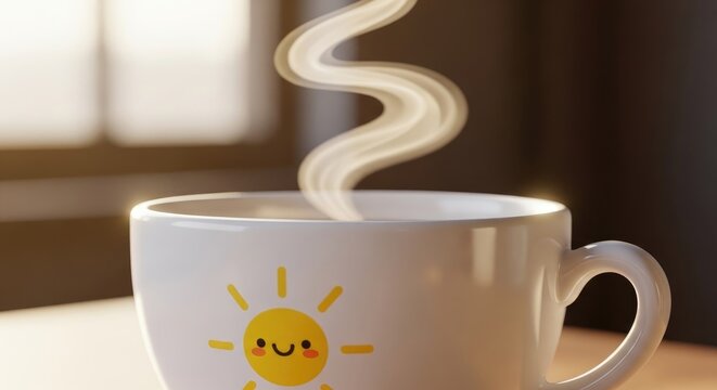 Warm Morning Coffee Cup with Smiling Sun.