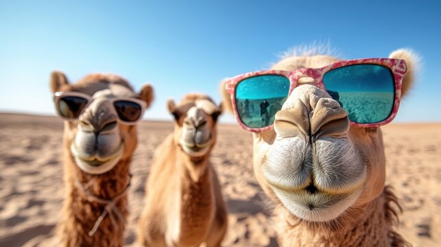 This playful image captures three camels wearing sunglasses against a stunning desert backdrop. Their whimsical poses convey a sense of fun, adventure, and lightheartedness.