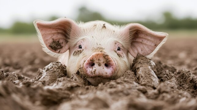 This image features a cute pig with its head down, nestled in a muddy field. The playful expression and natural setting highlight the charm of farm life and animal behavior.