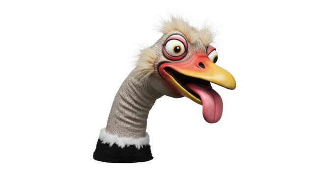 Funny ostrich hand puppet with googly eyes, silly bird character with long neck and tongue, whimsical plush toy for children entertainment isolated PNG with Transparent Background