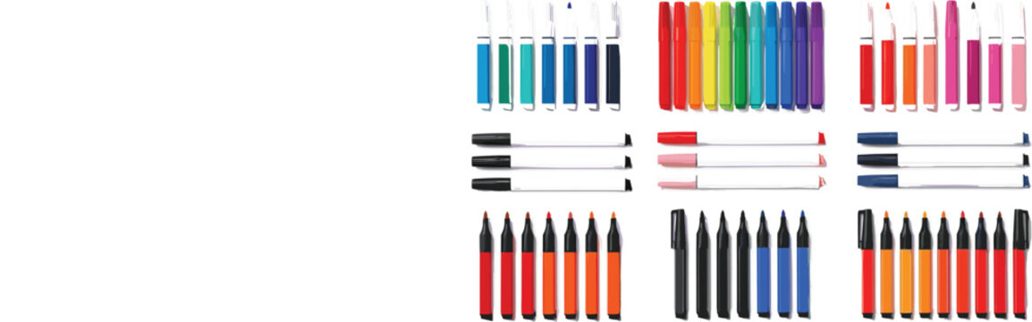 Large set of colorful pens and markers vector illustration, collection of writing tools in different styles for school, office, drawing and creative stationery design