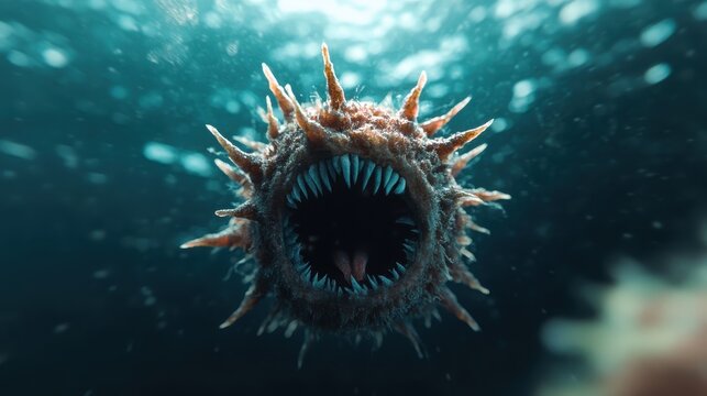 An extraordinary close-up of a formidable aquatic predator capturing the viewer's attention with its menacing spiky exterior and terrifying open mouth, showcasing nature&rsquo;s fierce design.