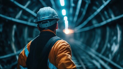 Fototapeta premium A worker in a hard hat walks through a dimly lit tunnel, showcasing dedication and determination in their profession, illuminated by the glow of lights ahead.