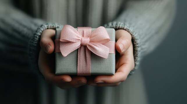 A close-up view of a small gift box with a soft pink ribbon, cradled in hands, showcasing the joy and anticipation of giving or receiving a special present.