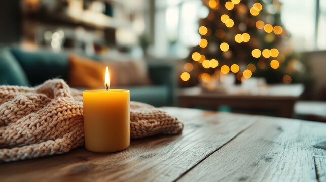 A single lit candle on a wooden table brings warmth and a tranquil ambiance to the room, harmonizing with the softly blurred holiday lights in the background.
