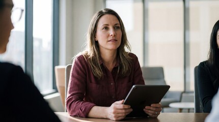 Fototapeta premium Professional woman in meeting holding tablet, listening attentively with calm confidence in modern office setting