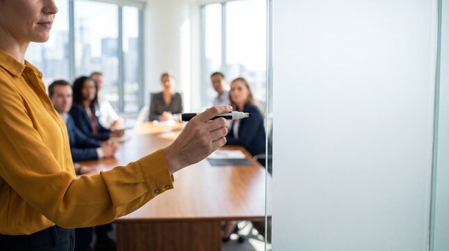 Woman writing on glass whiteboard in conference room with colleagues watching attentively, professional meeting scene with confident presenter and collaborative team discussion