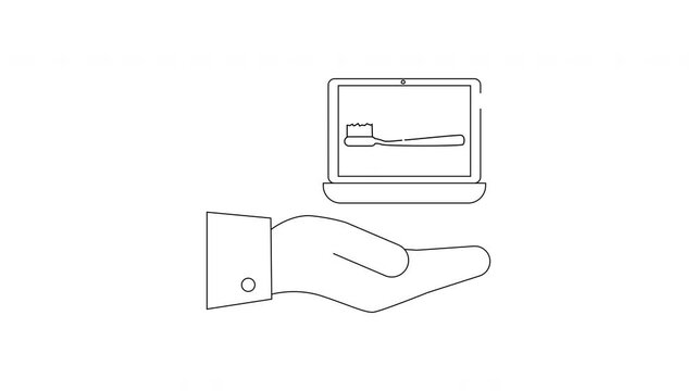 Hand Holding Laptop with Toothbrush Icon on Screen.