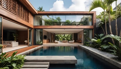 Fototapeta premium Modern tropical villa with swimming pool and open floor plan