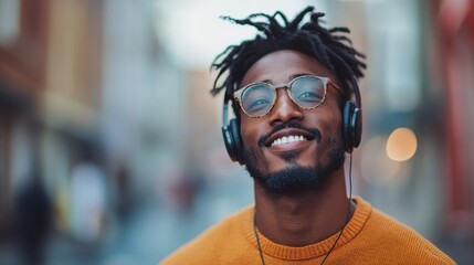 Fototapeta premium This image features a smiling man wearing headphones against a city backdrop, showcasing confidence and happiness amidst an urban environment.