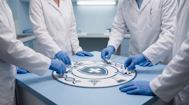 Medical team assembling circular healthcare puzzle on table showing shield, DNA and medical symbols, collaborative planning and problem solving in clinical environment