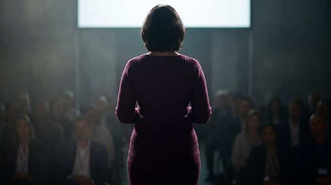 Woman standing on stage facing audience, confident presenter delivering speech under spotlight in conference room, warm mood and focused atmosphere