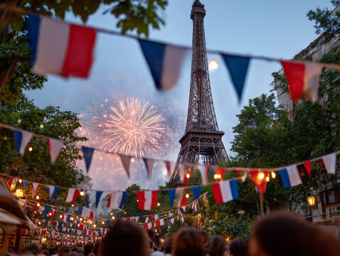 Eiffel tower fireworks over paris during bastille day celebration