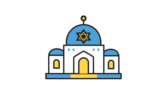 Synagogue Building Editable Stroke Vector Icon Illustration. Modern Flat Design of a Jewish Temple with Star of David, Blue Domes, and Yellow Accents on White Background for Religious Projects.