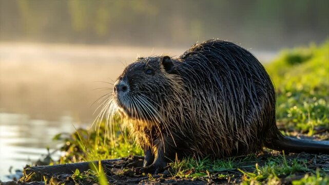 A wet, dark brown rodent with long whiskers sits near water at sunrise, facing left
