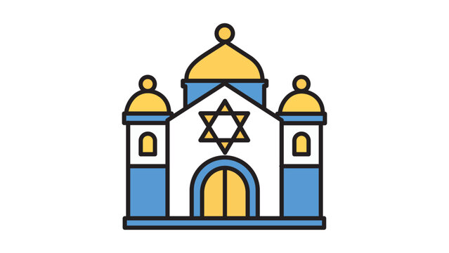 Modern Synagogue Building Flat Vector Icon with Star of David and Domes, Jewish Temple Illustration for Religious Culture and Architecture, Editable Stroke Line Art on White Background.