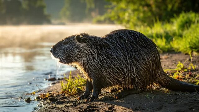 Nutria stands on shoreline, wet fur, early morning mist, sunlit, by water, green foliage