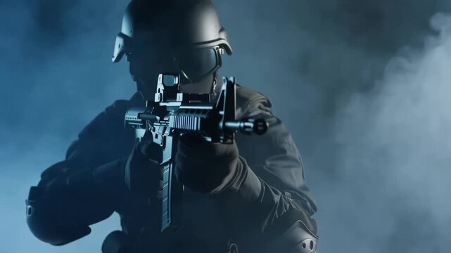 Tracking dolly slow shot of tactical soldier aiming rifle and holding position in smoky indoor studio training set