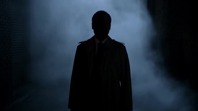Tracking shot dolly forward of silhouetted man in trench coat approaching through foggy narrow brick alley with moody backlight at night