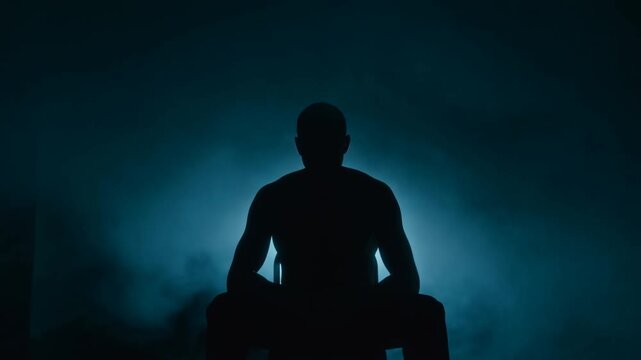 Static shot of silhouetted man seated meditating with smoke haze and blue backlight in dark studio setting