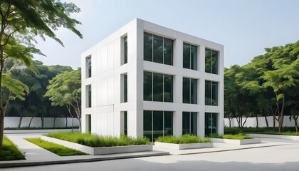 Fototapeta premium Modern white office building exterior surrounded by greenery