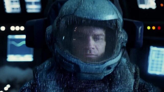 Static shot close up of astronaut helmet as holographic scan activates with digital distortion in dim spacecraft cockpit interior