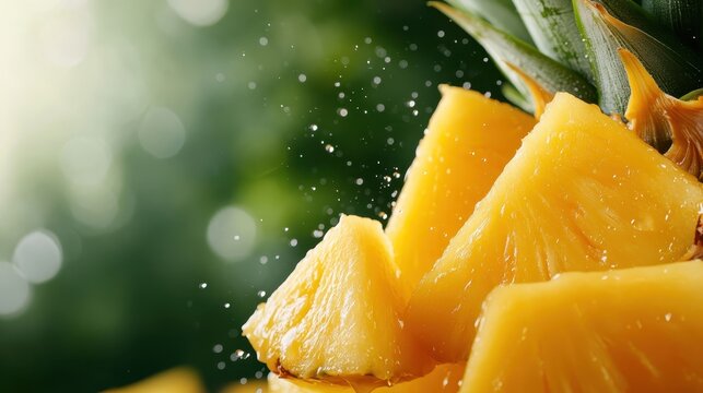 Close-up of vibrant pineapple slices glistening with water droplets, showcasing the freshness and juiciness of this tropical fruit in a lush green backdrop.