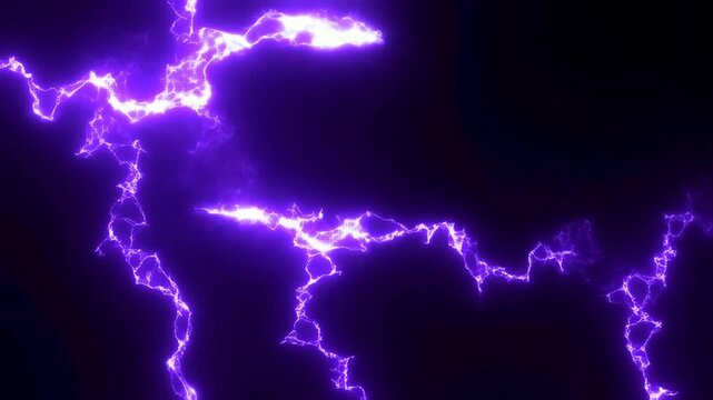 Slow motion close up of purple electric lightning arcs pulsing and branching across dark studio background with glowing neon plasma energy