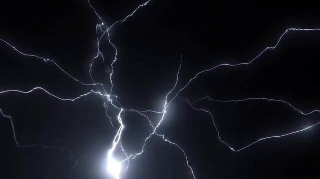 Slow motion static shot of lightning bolts branching and converging with white blue glowing electric arcs over dark background in studio void at night