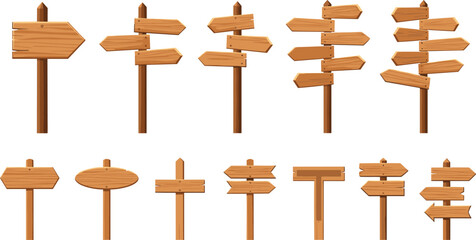 Wooden Directional Sign Illustration Set Featuring Arrow and Post Designs for Guidance, Outdoor, and Roadway Graphics © MdTobarak