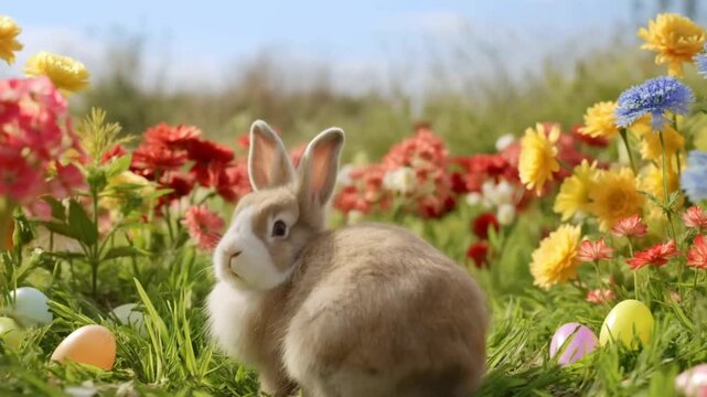 Static shot of rabbit turning head among colorful wildflowers with scattered pastel easter eggs in sunlit green meadow during spring morning