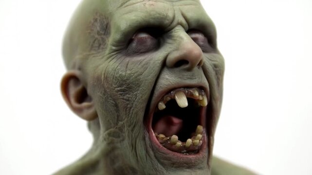 Slow motion close up of zombie head opening mouth and snarling on white studio background isolated portrait study with slight static tilt
