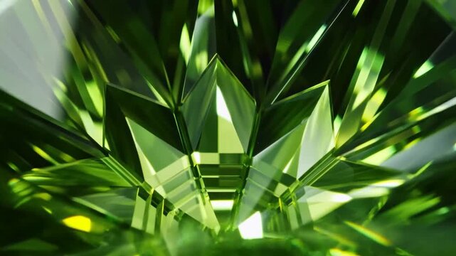 Slow motion tracking zoom of green faceted emerald gemstone rotating and reflecting on studio tabletop macro closeup