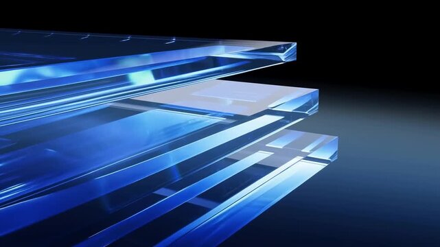 Slow dolly tracking shot of stacked glass panels sliding and rotating over blue gradient studio background with glossy reflective surfaces and soft highlights